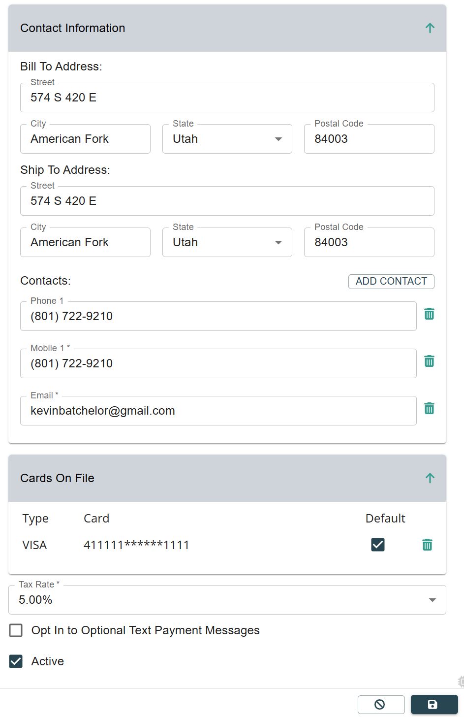 FloPay Dashboard showing SMS opt-in checkbox in customer contact record